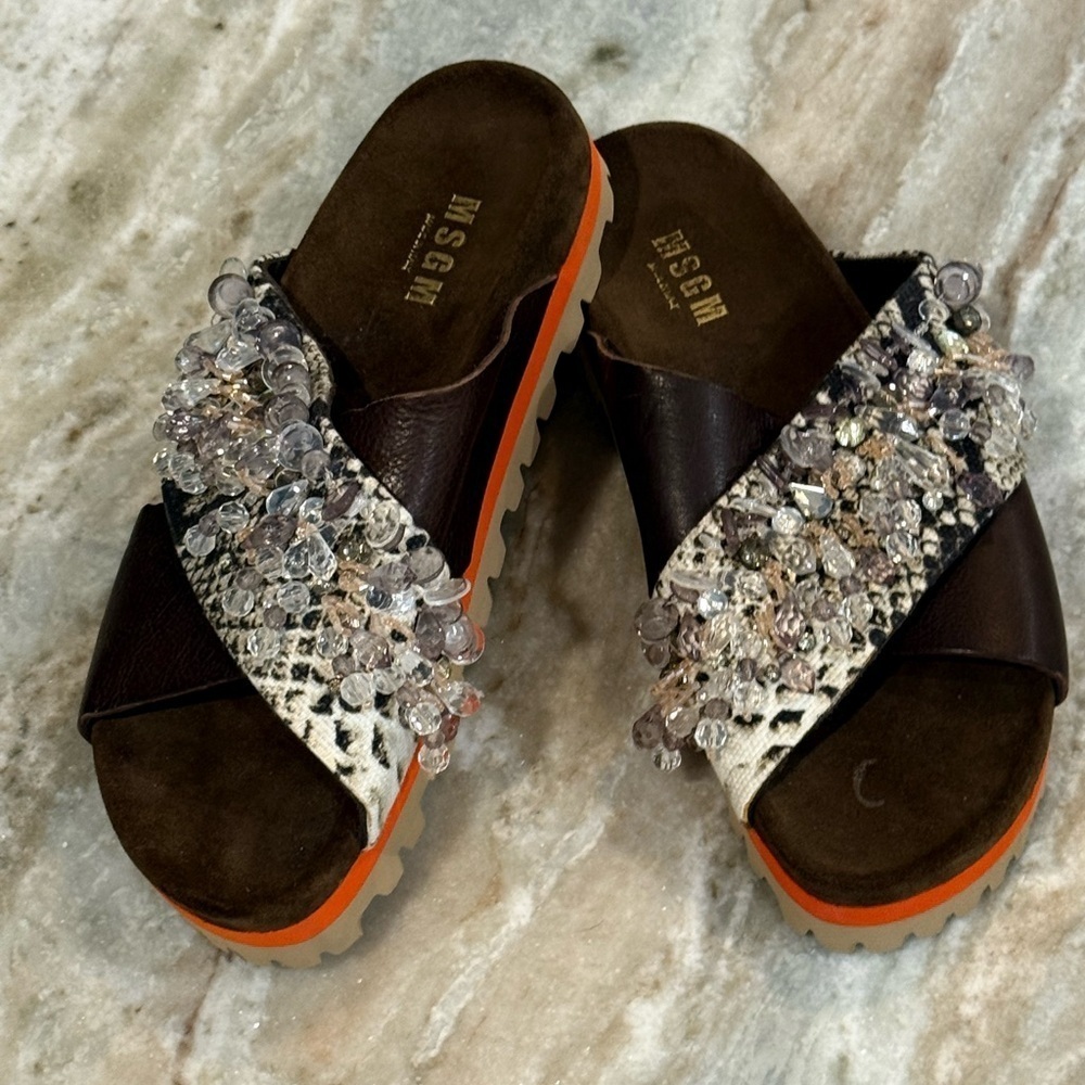Women’s MSGM Jeweled brown leather chunky platform slide sandals- Size 37
